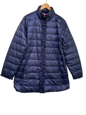 Lily Pulitzer Doria Navy Blue Puffer Jacket Size 14 Ruffle Ribbon Front